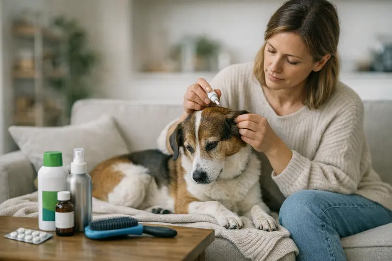 Ein Hund, der beim Tierarzt untersucht wird, um die Notwendigkeit von Flohmitteln zu klären.