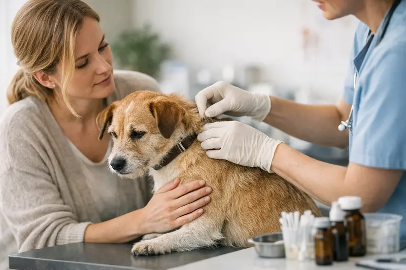 Tierarzt untersucht einen Hund mit Flohbefall zur Klärung der Behandlungsmöglichkeiten.