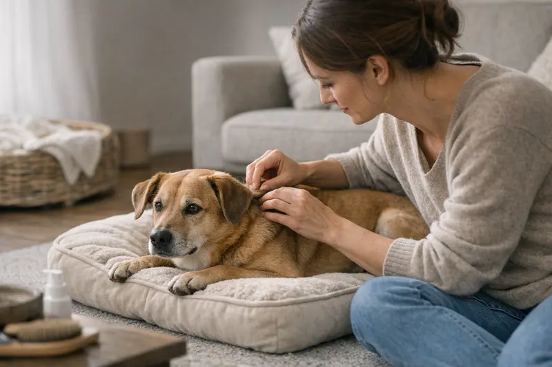 Hund und Flohhalsband Ein Hund liegt entspannt auf einem Sofa, während ein Flohhalsband neben ihm liegt, was die Notwendigkeit von Flohbehandlungen unterstreicht.
