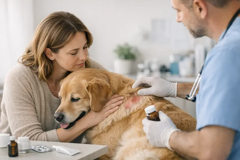 Tierarztuntersuchung bei Hautproblemen Hund mit Hautproblemen wird vom Tierarzt untersucht, um die besten Tarifpunkte für eine Versicherung zu bestimmen.
