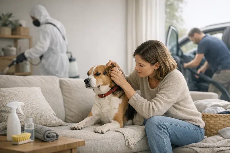 Hundegesundheit und Umgebungsbehandlung Ein Hund in einem modernen Wohnraum, während ein Tierarzt die Kosten für die Umgebungsbehandlung erklärt.