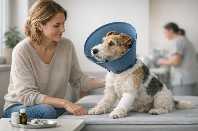 Ein Foxterrier in einer tierärztlichen Praxis, bereit für eine Untersuchung.