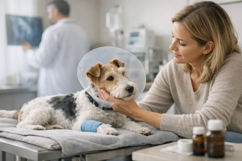 Eine glückliche Foxterrier-Hündin bei einem Tierarztbesuch zur OP-Versicherung Beratung.