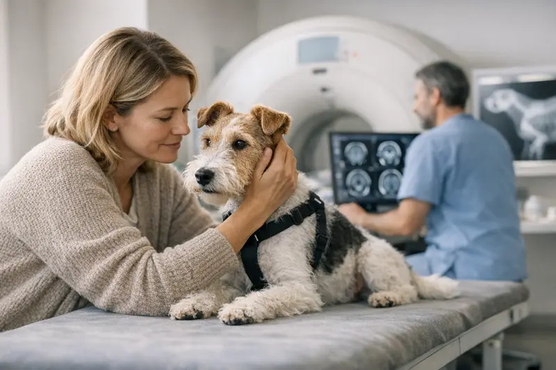 Diagnostik in der Hundekrankenversicherung Ein Tierarzt untersucht einen Hund in einer Praxis, um diagnostische Tests durchzuführen.