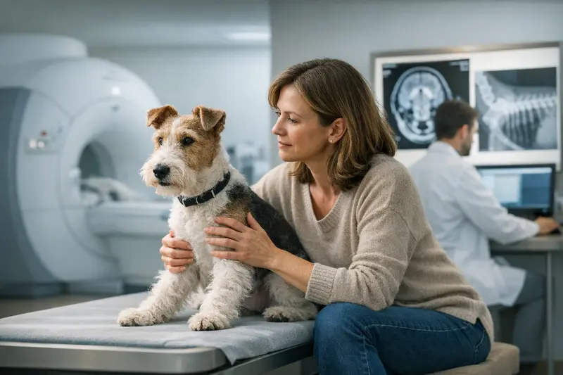 Hundediagnostik beim Tierarzt Tierarzt bei der Durchführung einer diagnostischen Bildgebung für einen Hund