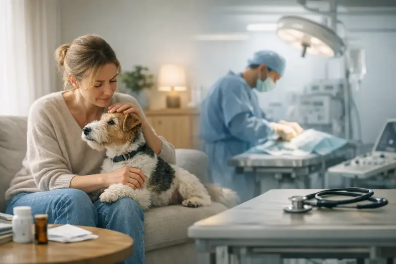 Hund bei einem Tierarztgespräch über den Unterschied zwischen OP- und Krankenversicherung.
