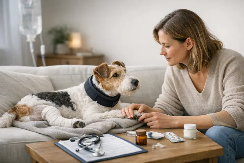 Hundekrankenversicherung Tarifdetails Ein glücklicher Hund sitzt beim Tierarzt und erhält eine Untersuchung.