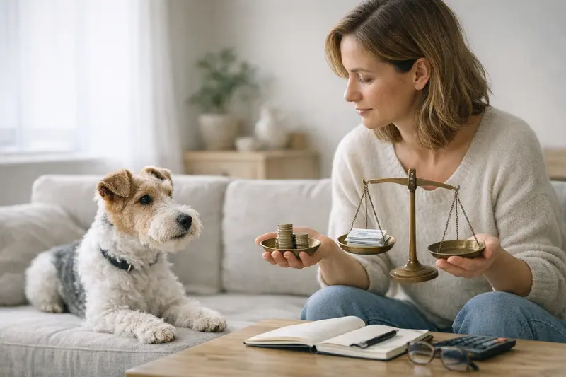 Hundekrankenversicherung Kosten und Eigenanteil Hund beim Tierarzt, besorgt, mit Blick auf die Behandlungskosten für seine Gesundheit.