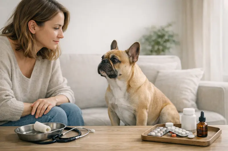 Französische Bulldogge und Tierarztbesuch Eine Französische Bulldogge beim Tierarzt, symbolisch für Kosten der Hundekrankenversicherung.