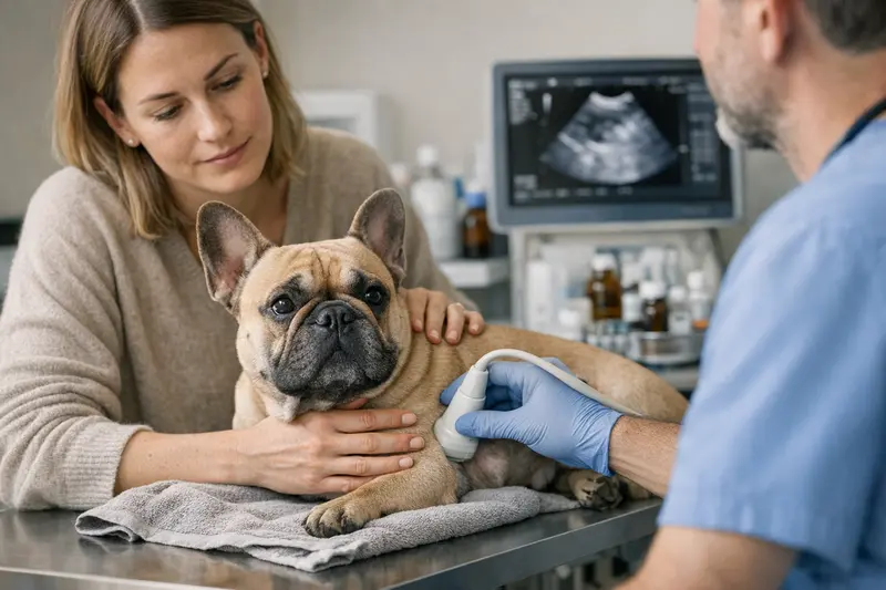 Tierarztuntersuchung bei einer französischen Bulldogge zeigt häufige rassetypische Probleme wie Atemnot und Gelenkbeschwerden.
