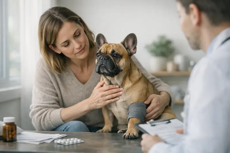 Gesundheitscheck für Hunde Ein freundlicher Hund mit einem Tierarzt, der die Gesundheit des Tieres prüft und über Wartezeiten und Vorerkrankungen informiert.