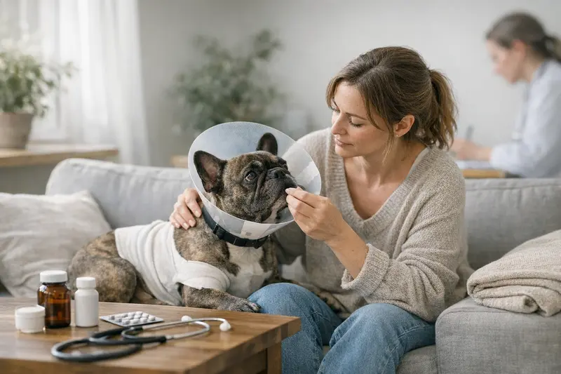 Medikamentenversorgung nach Hund OP Ein Hundehalter betrachtet die Medikamenten-Rechnung nach einer Operation seines Hundes.