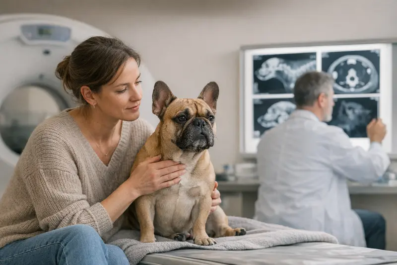 Tierarztuntersuchung zur Diagnostik bei Hunden Ein Hund wird beim Tierarzt untersucht, um eine Röntgenaufnahme zu erhalten.