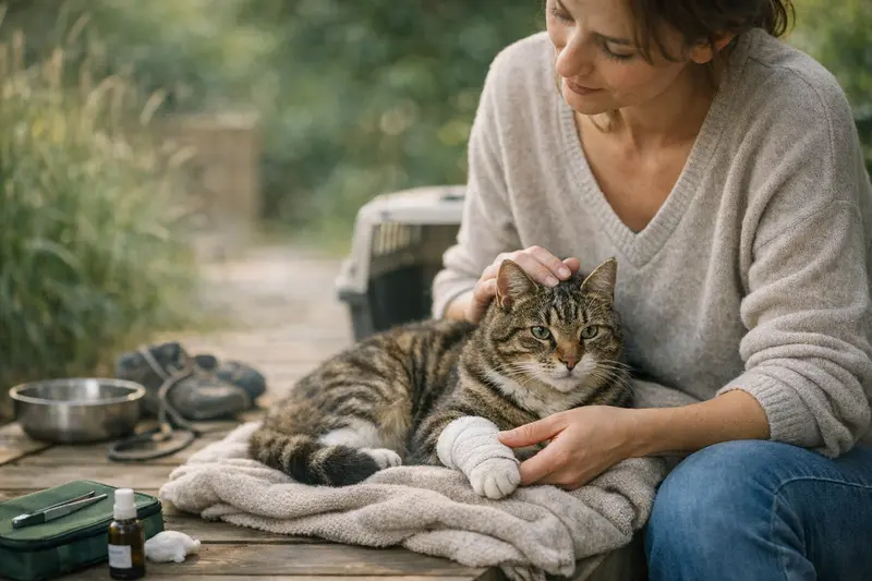Freigänger-Katze im Garten Freigänger-Katze schleicht vorsichtig durch den Garten und erkundet ihre Umgebung.