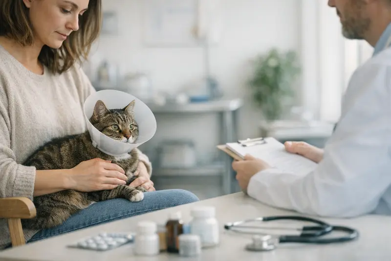 Freigänger-Katze bei der Untersuchung beim Tierarzt, um die Notwendigkeit einer OP-Absicherung zu verdeutlichen.