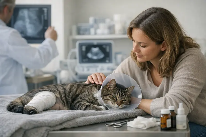Tierarztdiagnostik für Katzenversicherung Tierarzt untersucht eine Katze zur Diagnostik im Rahmen eines OP-Schutzes.
