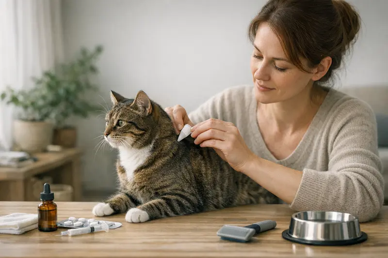 Impfungen und Vorsorge für Katzen Kater bei der Untersuchung beim Tierarzt, der die Impfungen und Vorsorgemaßnahmen erklärt.