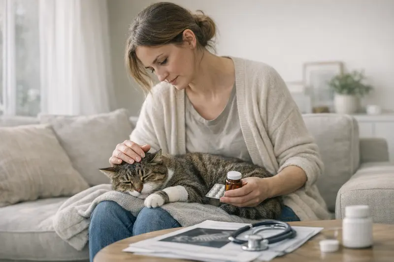 Eine Katze beim Tierarzt, die auf Symptome untersucht wird.