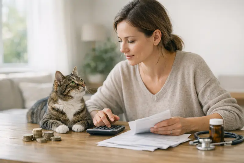 Eine abgebildete Katze bei einem Tierarzt, die die Auswirkungen von Selbstbeteiligung und Limits auf Tierarztkosten veranschaulicht.