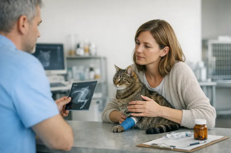 Eine Katze beim Tierarzt, die untersucht wird, um Kosten für Behandlungen zu verstehen.