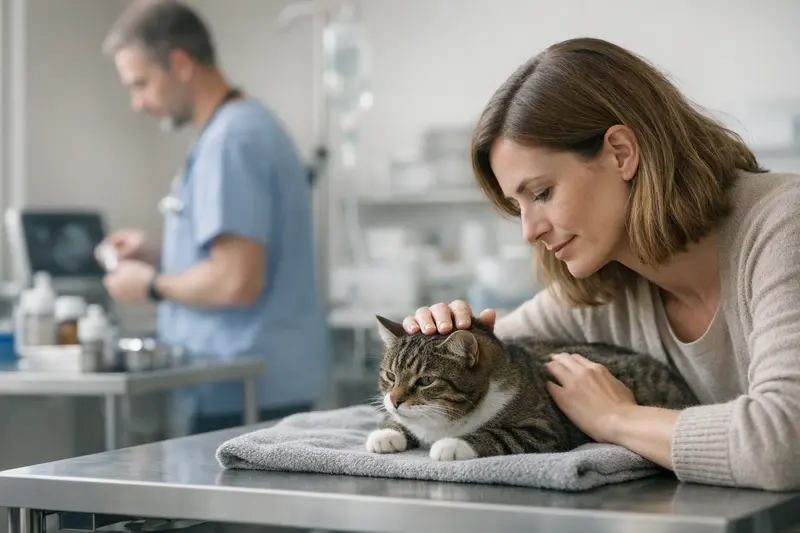 Katzenversicherung Tarifdetails übersehen Eine Katze wird von einem Tierarzt untersucht, während wichtige Tarifdetails zur Katzenversicherung diskutiert werden.