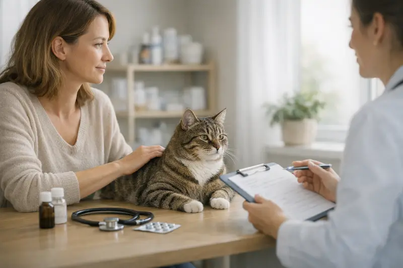 Kleinigkeit in der Vorsorgeplanung für Katzenhalter visualisiert durch glückliche Katze beim Tierarzt.
