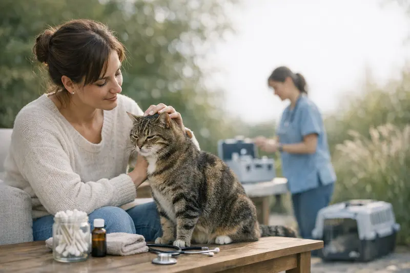 Vorsorgeleistungen in der Katzenversicherung Eine Katze liegt entspannt auf einer Tierarzthelferin, während eine Untersuchung durchgeführt wird, unterstreicht die Wichtigkeit von Vorsorgeleistungen.