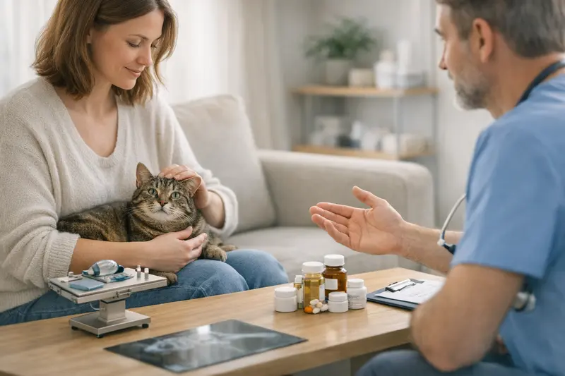 Tierarztbesuch Katze Versicherung Eine Katze bei einer tierärztlichen Untersuchung zur Klärung von OP- und Krankenversicherungsfragen.