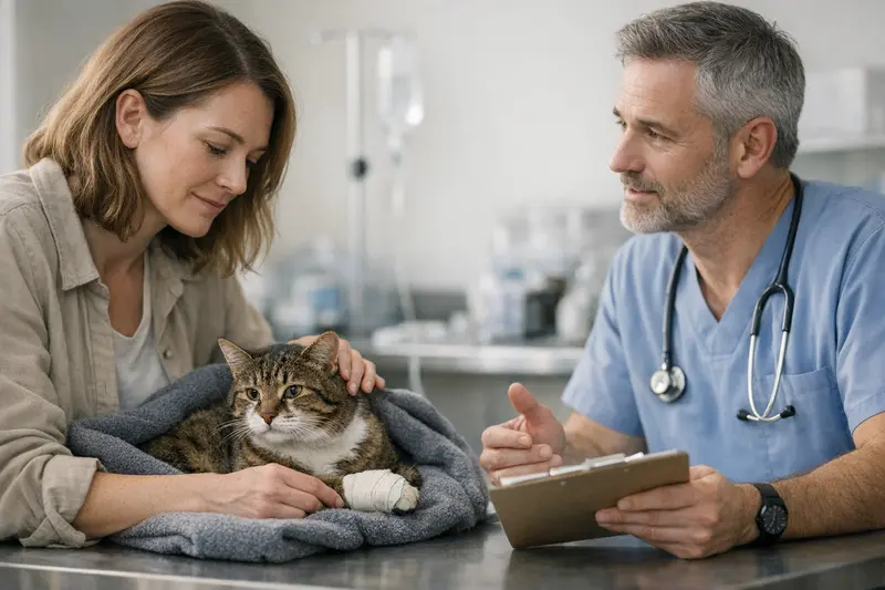 Fundkatze Tierarztkosten Eine besorgte Person hält eine Fundkatze in die Kamera, während sie am Telefon mit einem Tierarzt spricht.