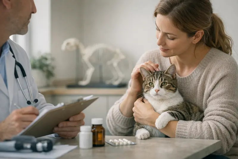 Glückliche Katze sitzt beim Tierarzt und erhält eine Untersuchung nach der Übernahme.