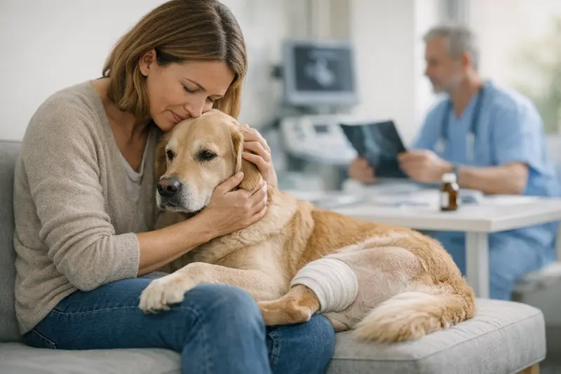 Hunde Gelenkerkrankungen und OP-Schutz Hundearzt mit einem Hund, der auf Gelenkerkrankungen untersucht wird.