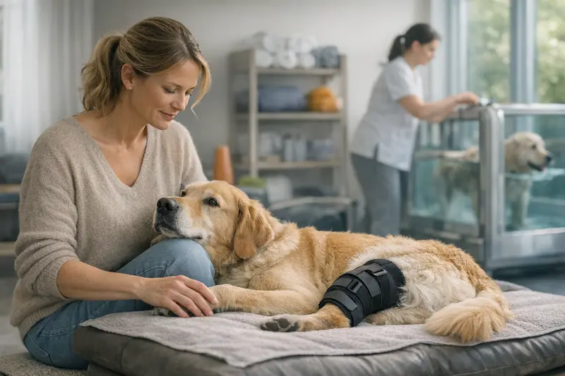 Hund während einer Physiotherapie nach einer Gelenkbehandlung