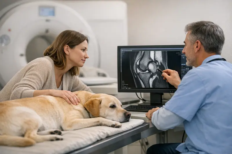 Tierarzt überprüft Hund auf Gelenkproblemen mit CT oder MRT.