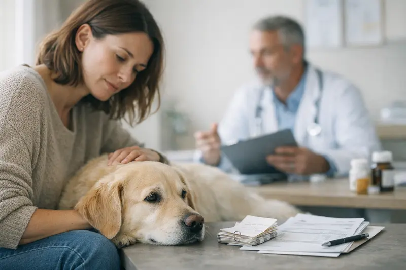 Hundeversicherung und Selbstbeteiligung bei Behandlungen Ein Hund beim Tierarzt, der eine Behandlung für Gelenkprobleme erhält und auf die Kosten der Selbstbeteiligung hinweist.