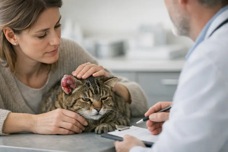 Eine Katze mit einem Ohrhämatom, das tierärztlich untersucht wird.