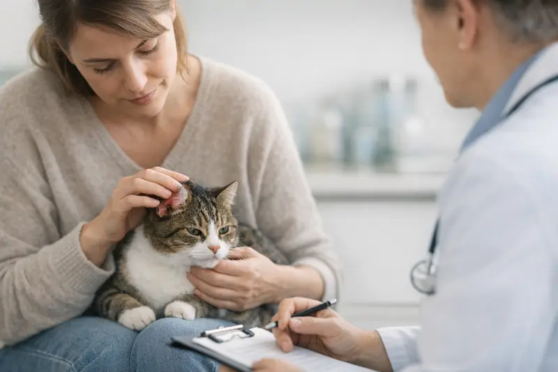 Eine Katze mit geschwollenem Ohr schaut besorgt in die Kamera und zeigt Anzeichen von Unwohlsein.