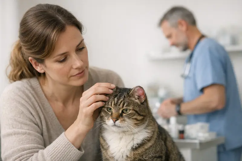 Geschwollenes Ohr bei Katzen - Tierarztbesuch Eine Katze mit geschwollenem Ohr, die auf einem Untersuchungstisch beim Tierarzt sitzt.