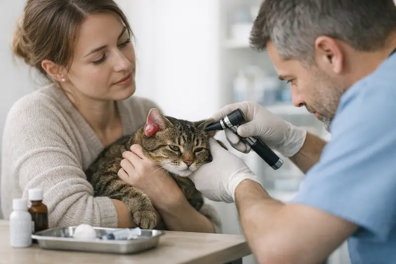 Tierarztkosten bei Katzen mit Ohrproblemen Tierarztuntersuchung einer Katze mit Ohrproblemen zur Feststellung der Ursachen.