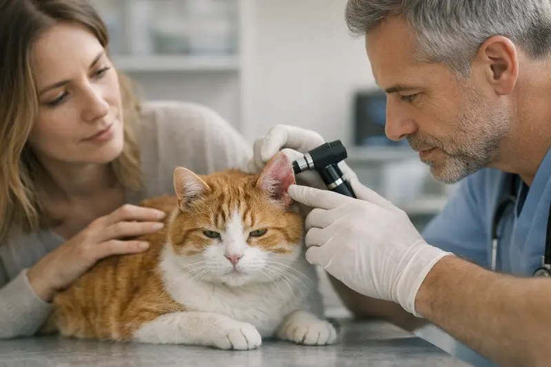 Tierarztuntersuchung bei Ohrproblemen von Katzen Eine Katze mit einem geschwollenen Ohr wird vom Tierarzt untersucht.