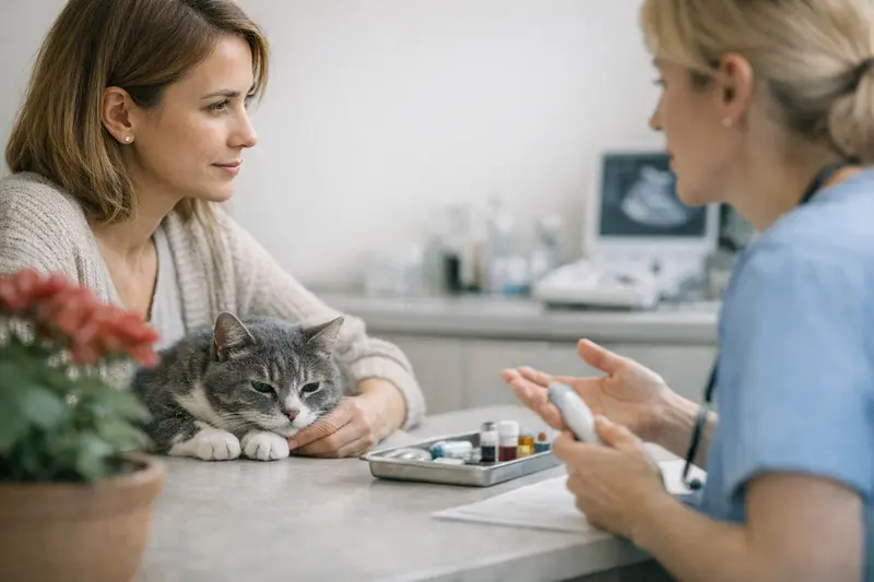 Tierarztuntersuchung bei Pflanzenvergiftungen Eine Katze liegt auf dem Tisch in der Tierarztpraxis, während ein Tierarzt sie auf Pflanzenvergiftungen untersucht.