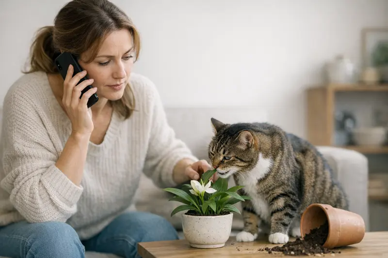 Katze und Pflanze - Gefahr durch Giftigkeit Eine Katze schnüffelt an einer Pflanze, während eine besorgte Tierhalterin zusieht.