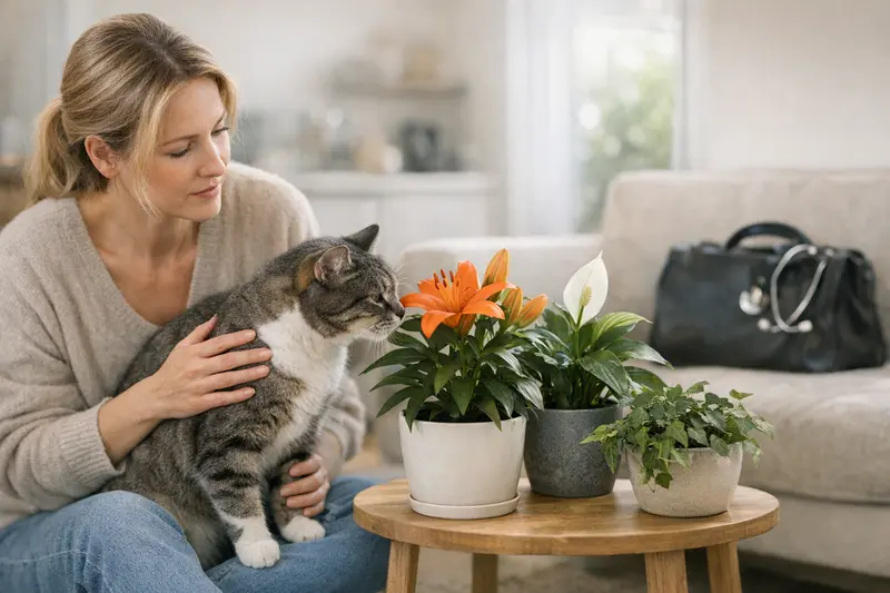 Eine verschreckte Katze vor einer giftigen Pflanze im Wohnzimmer.