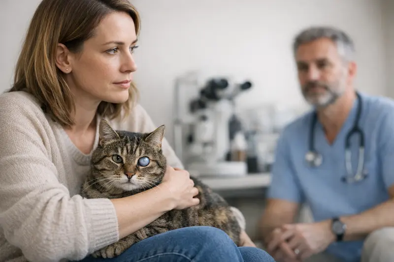 Eine Katze erhält augenärztliche Untersuchung zur Diagnostik bei Glaukom.
