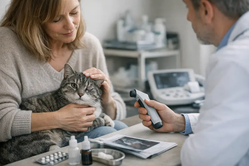 Kosten bei Glaukom-Verdacht bei Katzen Eine Katze wird von einem Tierarzt auf Glaukom untersucht.