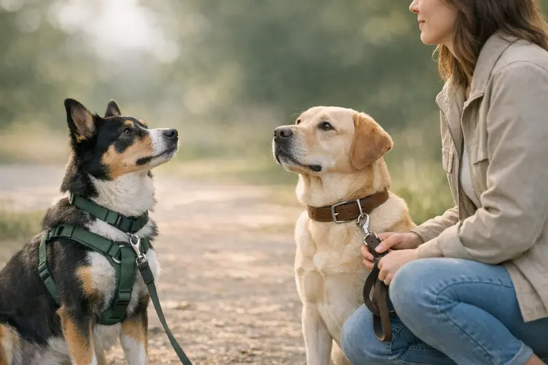 Hund im Geschirr bei schönem Wetter Ein Hund trägt ein Geschirr während eines Spaziergangs im Park.