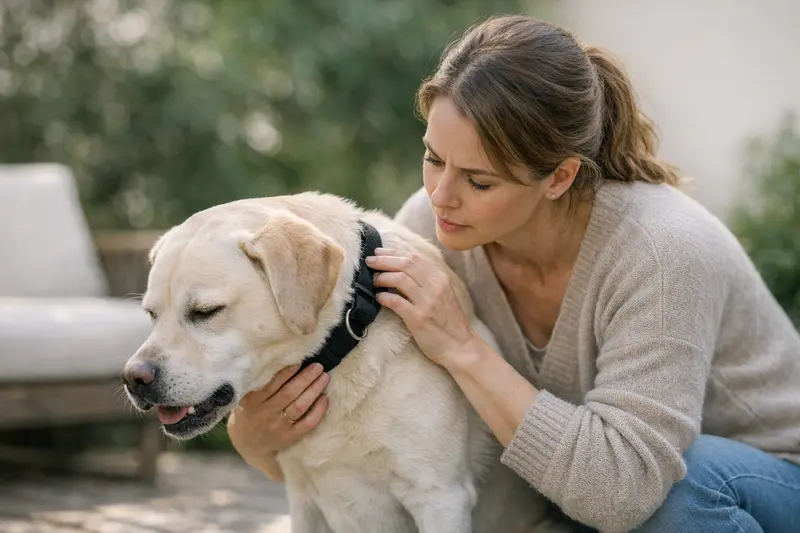 Ein Hund mit Halsband zeigt Anzeichen von Unbehagen während eines Spaziergangs.