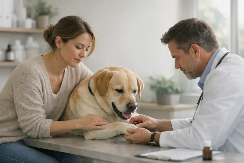 Hund beim Tierarzt zur Untersuchung wegen Beschwerden durch Fehlbelastung