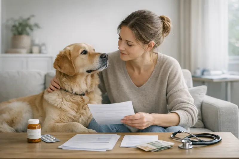 Hund mit Halsband und Geschirr im Vergleich Ein Hund mit Halsband und Geschirr, der auf einem Spaziergang von seinem Besitzer geführt wird, um den Vergleich von Beitrag und Leistung in der Hundeversicherung zu illustrieren.