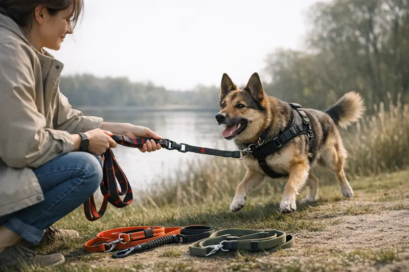 Verstellbare Leine für lebhafte Hunde Aktiver Hund, der mit einer verstellbaren Leine an einem stabilen Karabiner gehalten wird, ideal für lebhafte Hunde.