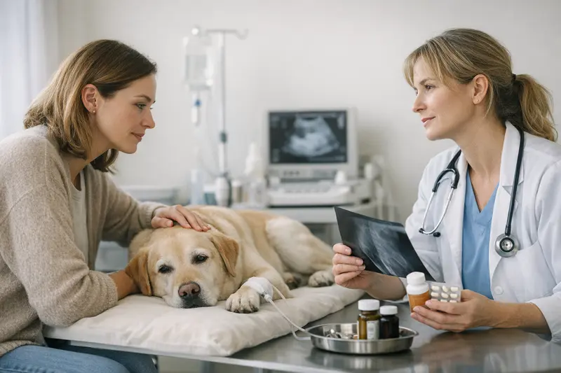 Hund mit Tierarzt bei diagnostischen Untersuchungen Ein Hund mit seinem Tierarzt, der eine Diagnose bespricht.